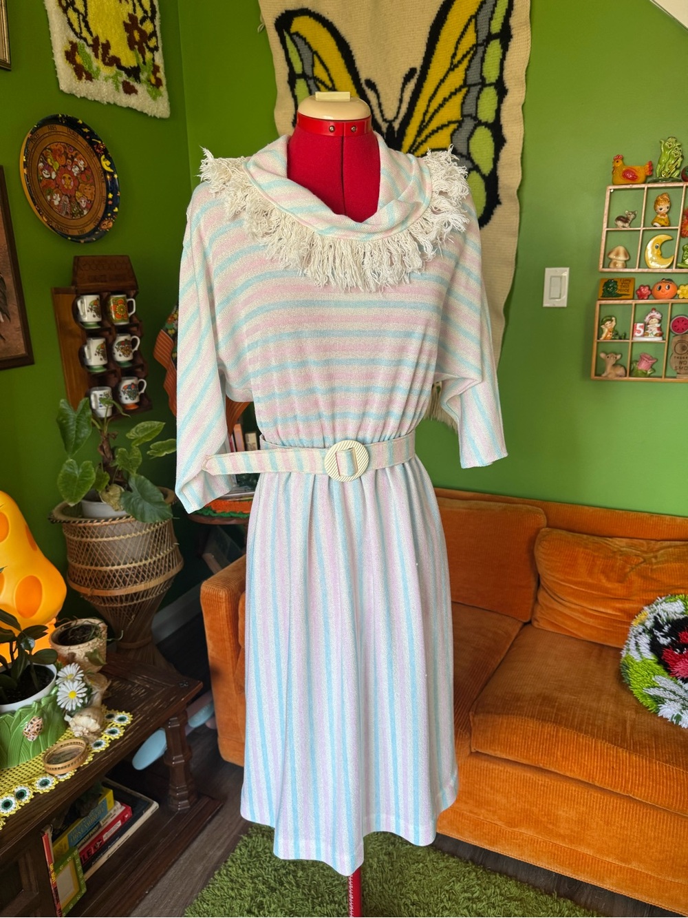 Vintage 80s made in Canada Fringed Collar Pastel Stripe Midi Dress with Belt